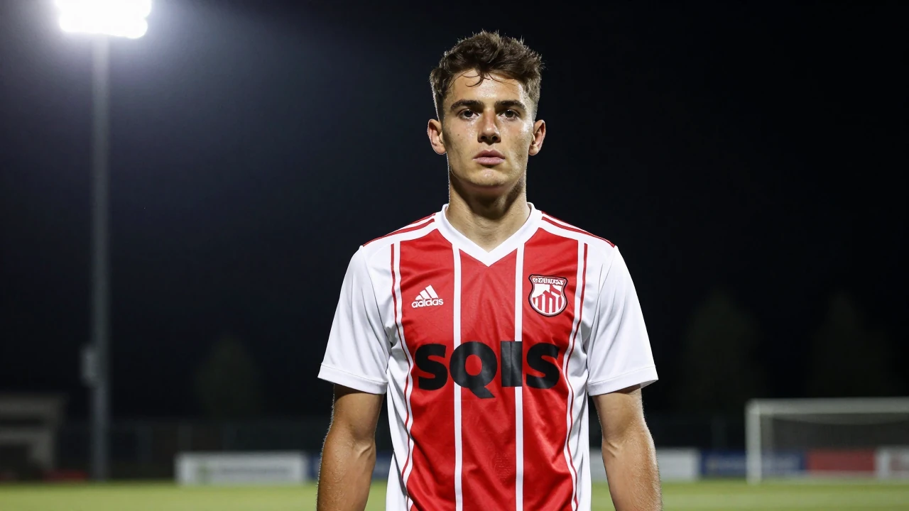 Björnarna's young midfielder, age 23, in a clean white and red striped jersey, faces the camera with determined focus...
