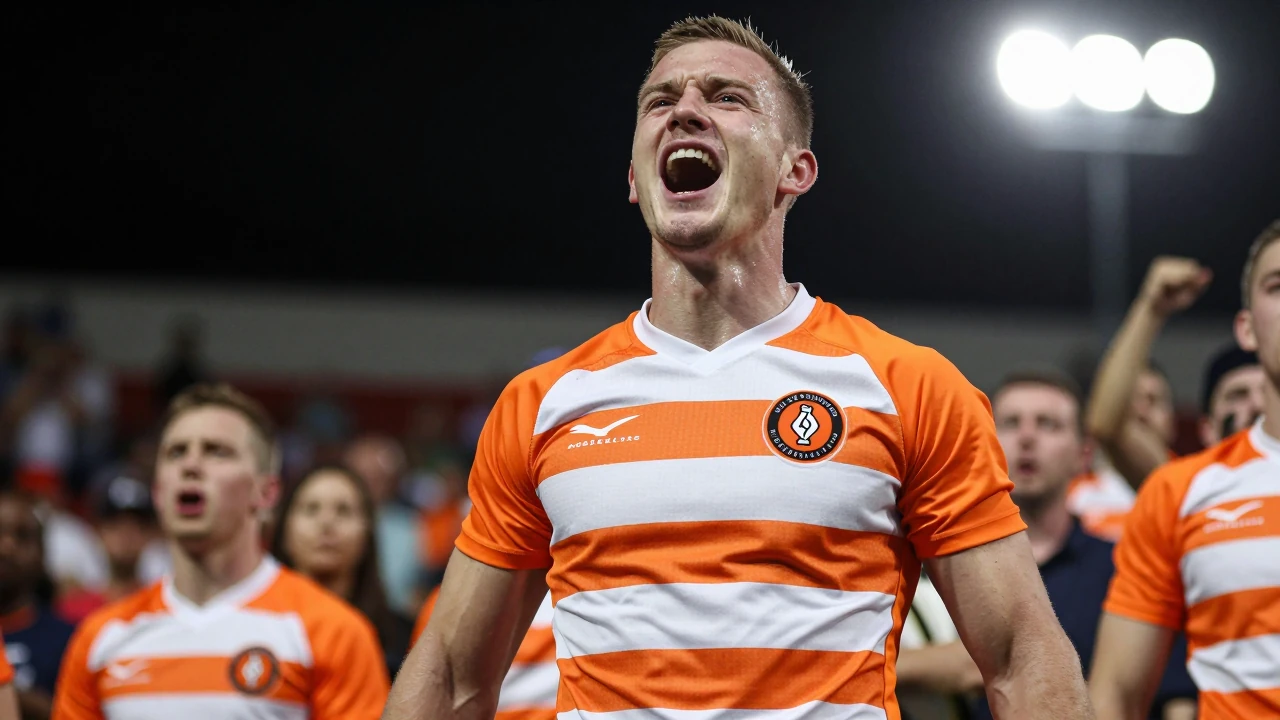 Waist-up shot of an anonymous, muscular 28-year-old fan in bright orange and white stripes, eyes aglow with excitement...