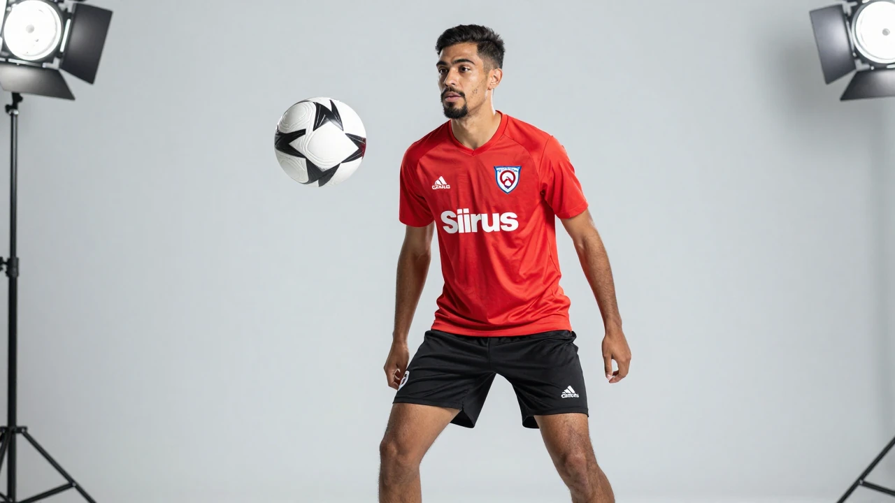 A Sirius player, a robust 25-year-old striker, braces for the ball with focused determination, wearing a bright red...