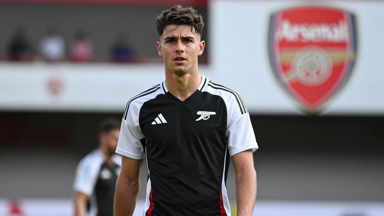 A head-and-shoulders photo of a young, athletic player in Arsenal's kit, wearing a black jersey with a white collar and...