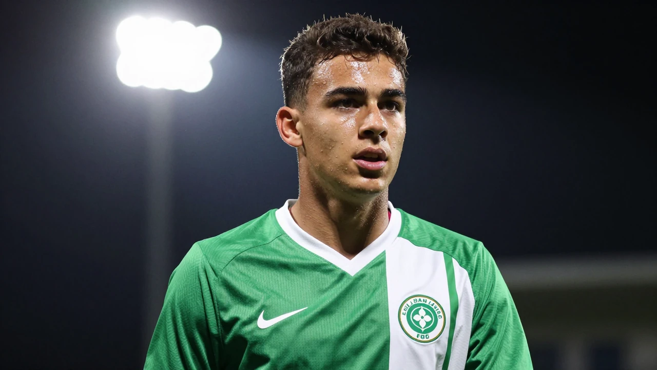 A young, athletic midfielder from Le Mans FC in a bright green and white jersey, head-and-shoulders shot, focusing on his...