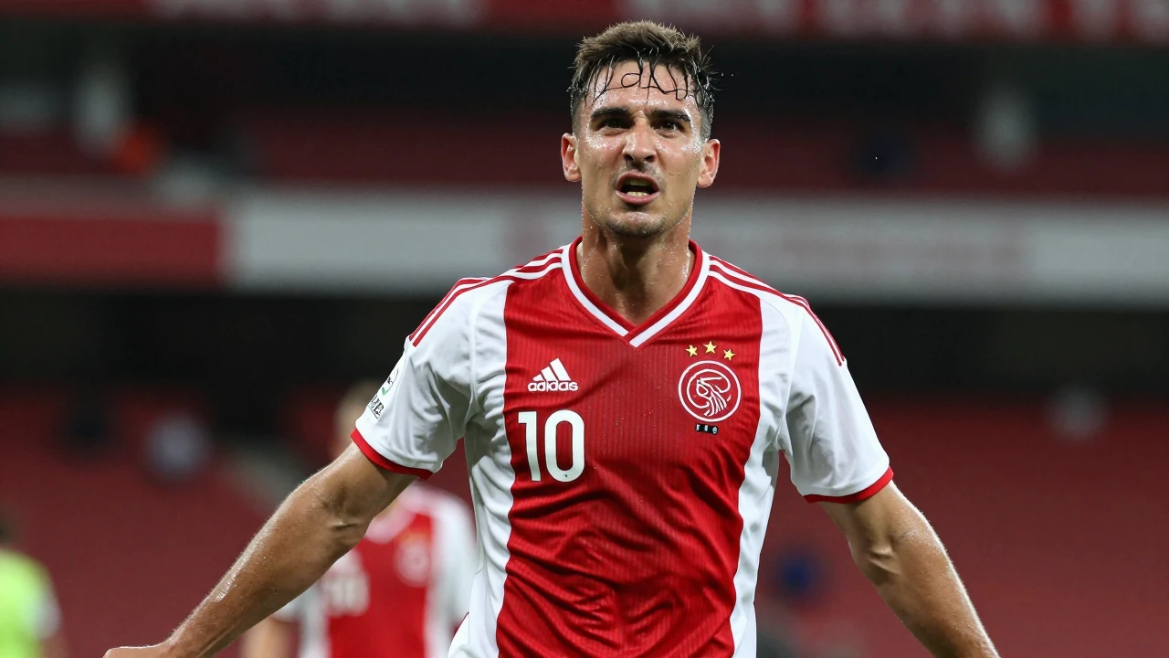 Mid-30s Ajax forward, athletic build, waist-up, drenched in sweat, eyes fierce, mouth slightly open as he celebrates a...