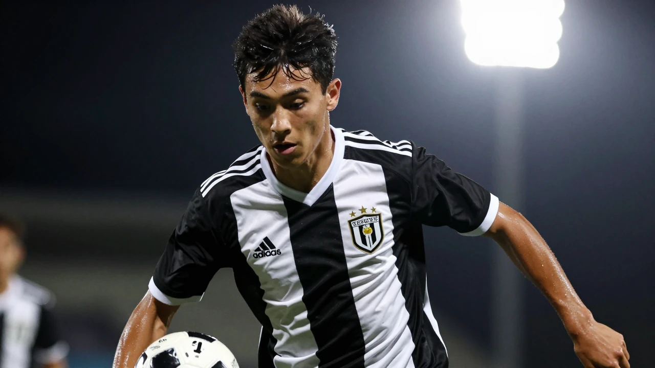 A young, athletic midfielder in black and white jersey, head-and-shoulders shot, intense focus on the ball as he dribbles...