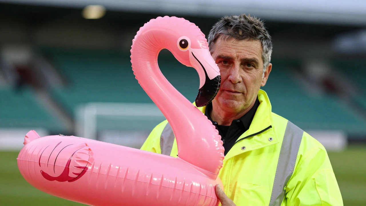 A steward was photographed removing an inflatable flamingo thrown onto the Easter Road pitch by fans ahead of the...