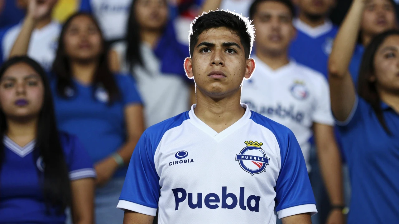 Waist-up shot of a young supporter, wearing Club Puebla's vibrant blue and white jersey, face illuminated by floodlight...