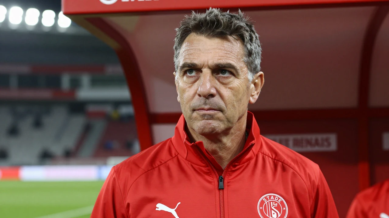 Stade Rennais FC bench and staff reactions are revealed following the Ligue 1 match against Olympique de Marseille played...