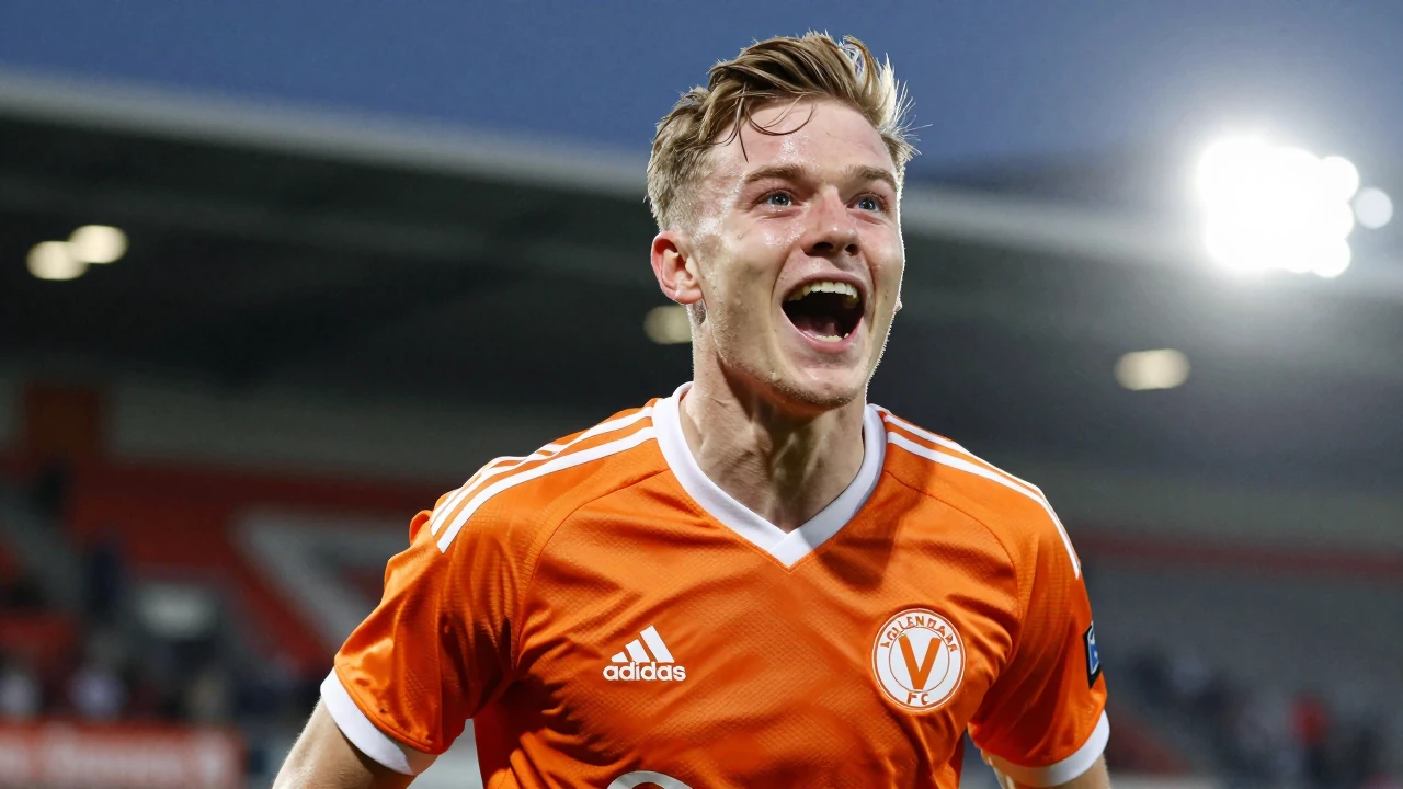 Waist-up shot of an enthusiastic young FC Volendam supporter in bright orange and white kit, face aglow with excitement...