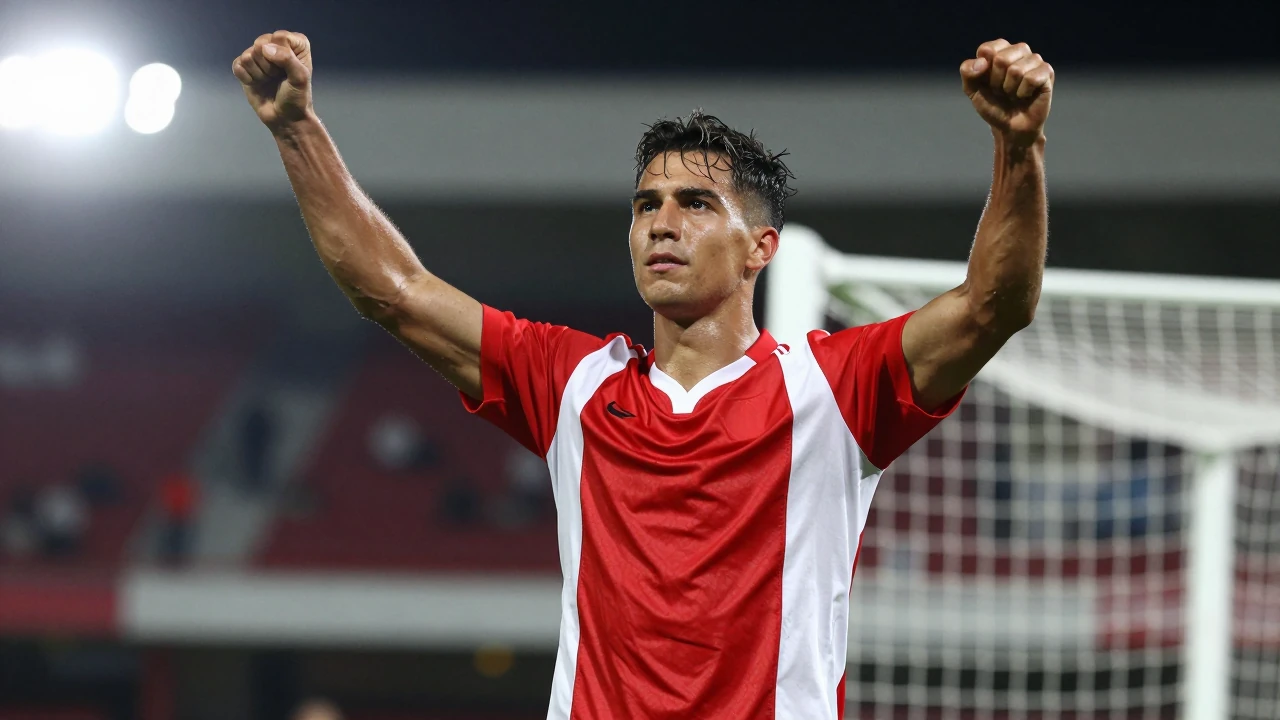 Waist-up shot of a young, muscular midfielder in red and white striped jersey, celebrating with raised arms after scoring...