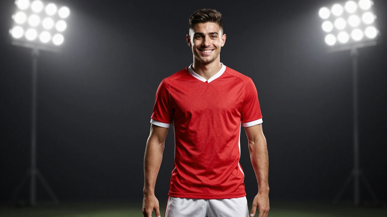 A young, muscular midfielder in a clean block of red jersey and white shorts, head-and-shoulders, smiles confidently...