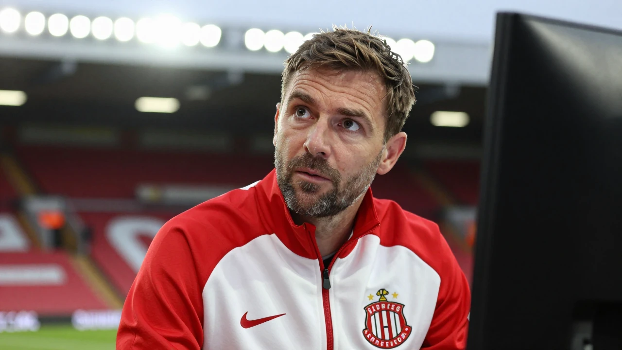 Sunderland manager Régis Le Bris celebrates the club's Europa League draw against AC Milan while the club works on new...