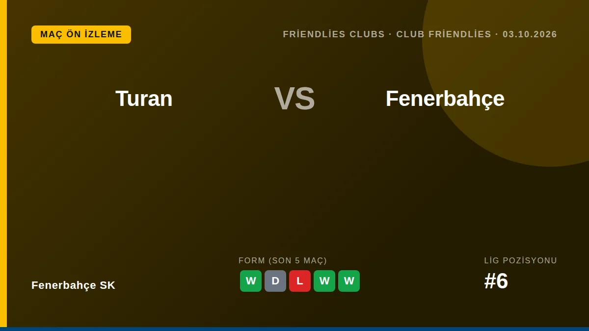 Fenerbahçe SK, Süper Lig'de 6. Sırada bulunurken, 3 Ekim Cumartesi günü Turan ile oynayacağı hazırlık maçına, Eyüpspor'u...