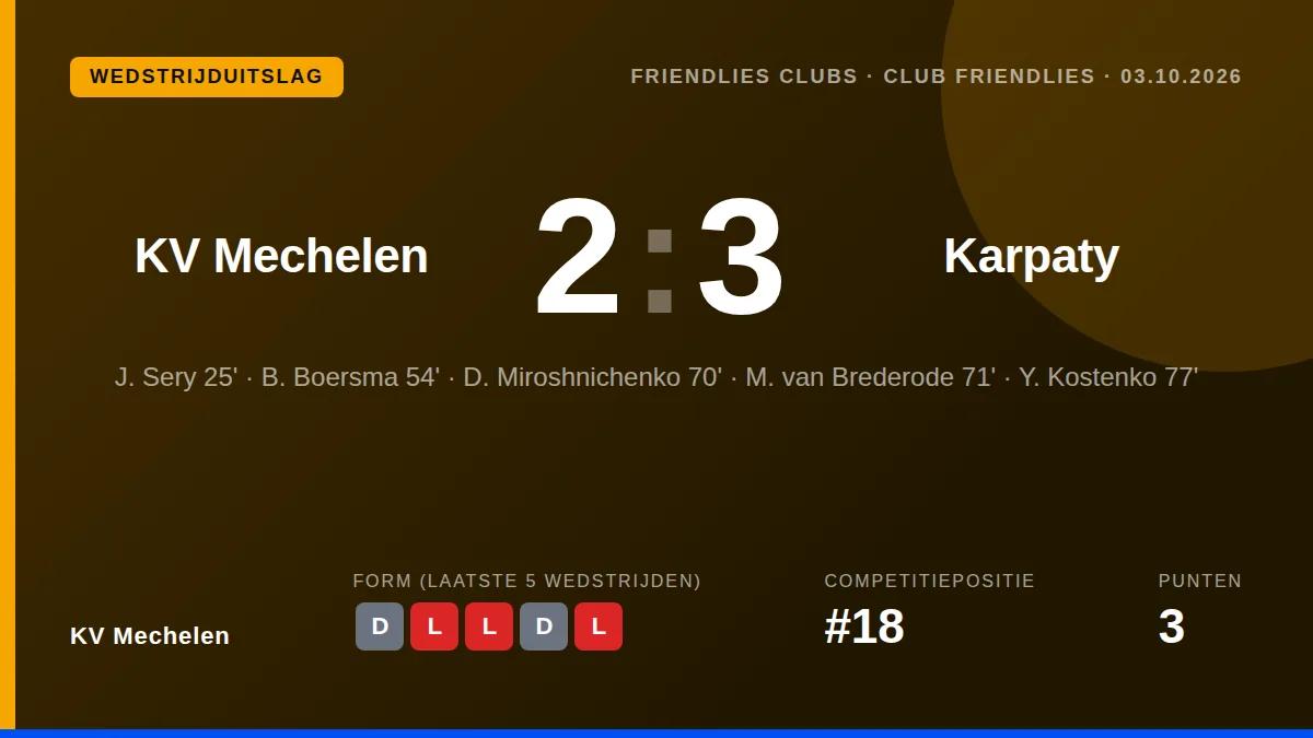 KV Mechelen verloor met 2-3 van het Oekraïense Karpaty Lviv in een vriendschappelijke wedstrijd die de band tussen de...