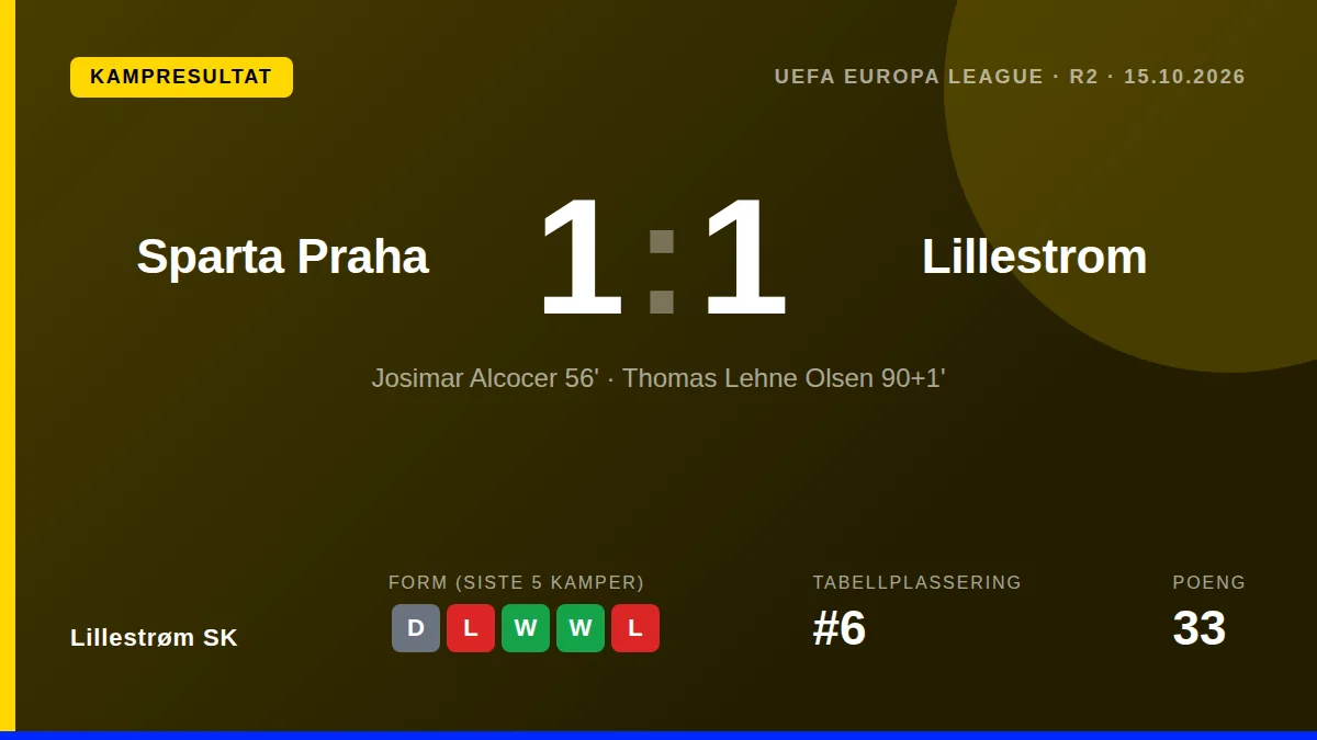 Thomas Lehne Olsen scoret i det 91. minutt da Lillestrøm SK tok sitt første poeng i Europa League med 1-1 mot Sparta Praha