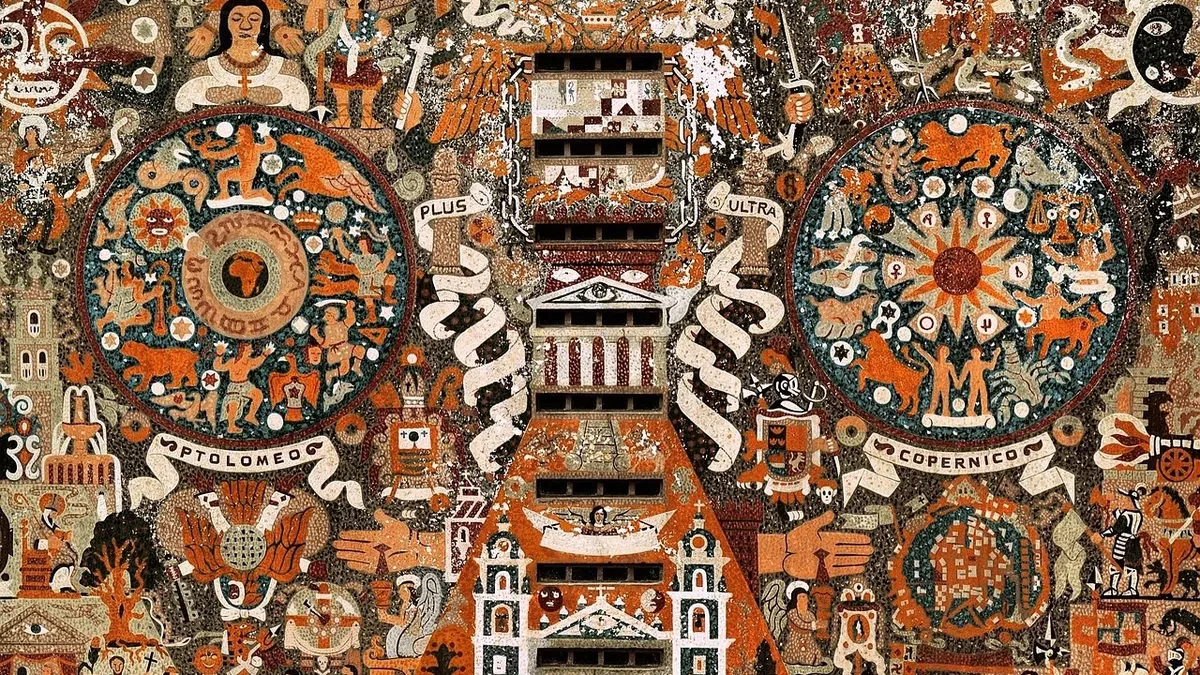 A vibrant mural featuring a diverse array of objects, including buildings, animals, and people, set against a backdrop of a