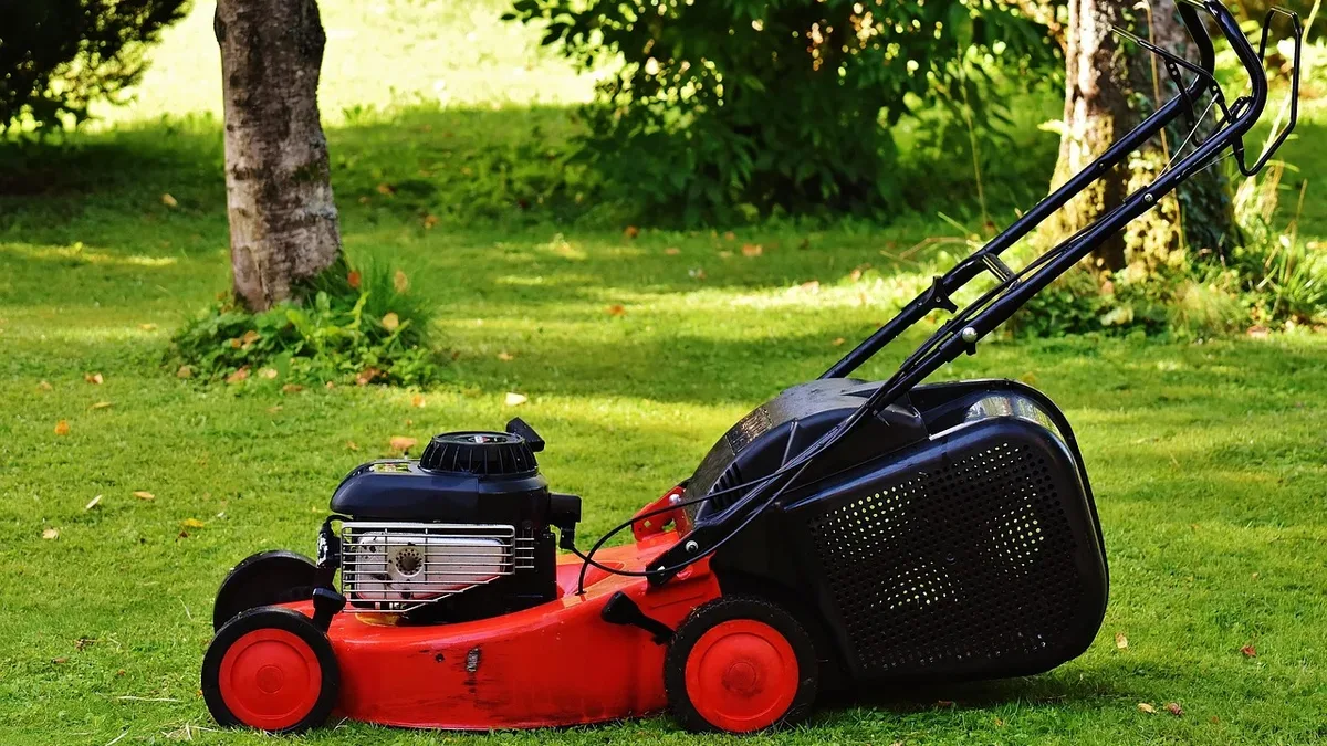 Design Wildlife: A red and black lawn mower on a grassy lawn with trees in the background.