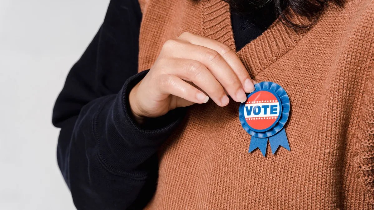 Legislatures: Person wearing a 'Vote' badge, symbolizing participation in democracy and elections.