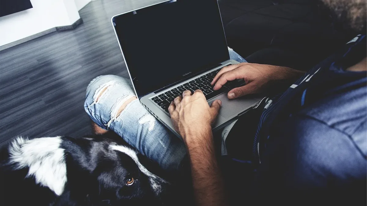 Breeds: A man is sitting on the floor with his laptop on his lap, accompanied by a dog lying next to him.