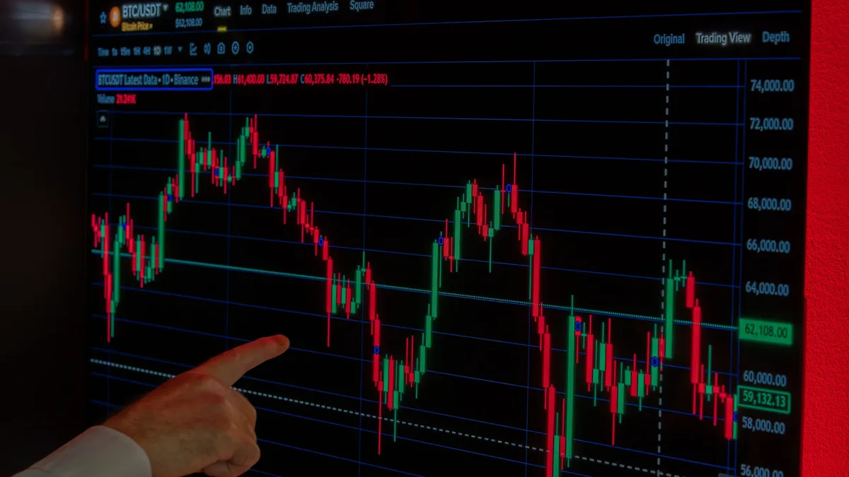 Portfolio: Hand pointing at Bitcoin price graph on screen, highlighting market trends and investment analysis.