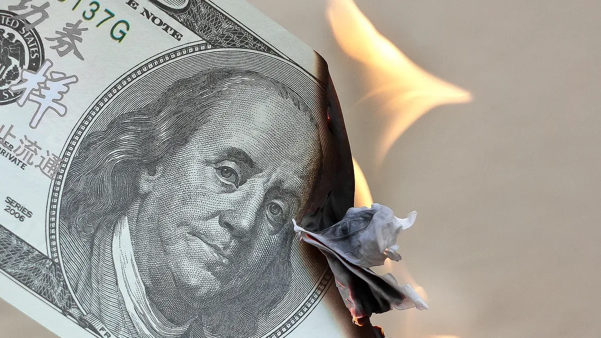 Inflation Currency: Money, burn, dollar, waste, finance, fire.