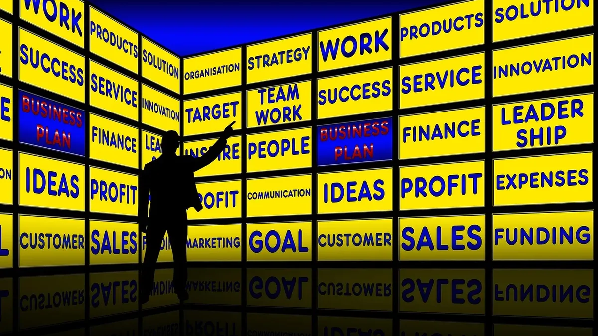 Instruments: Business plan, monitor wall, presentation, business, man, silhouette.