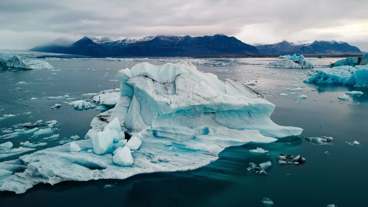 The Science: A stunning view of icebergs floating in the calm waters of Þingeyjarsveit, Iceland.