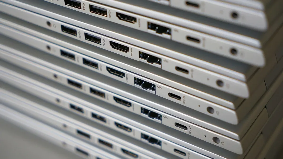 Benchmarks: The side of a stack of white laptops with various ports and buttons visible.