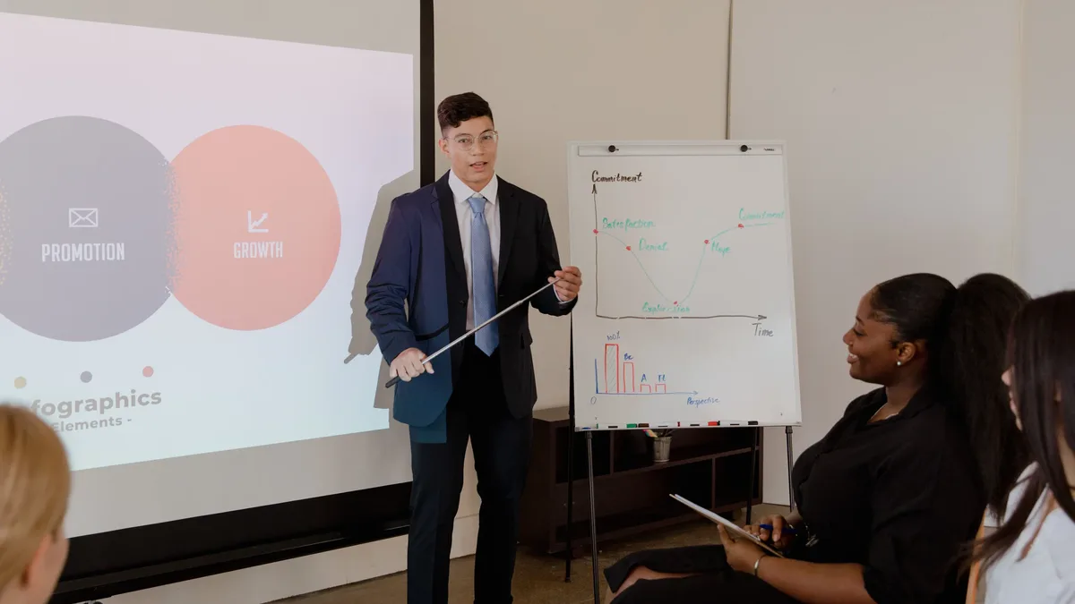 Funding: Young professional presents growth strategy using charts and graphs in a meeting.