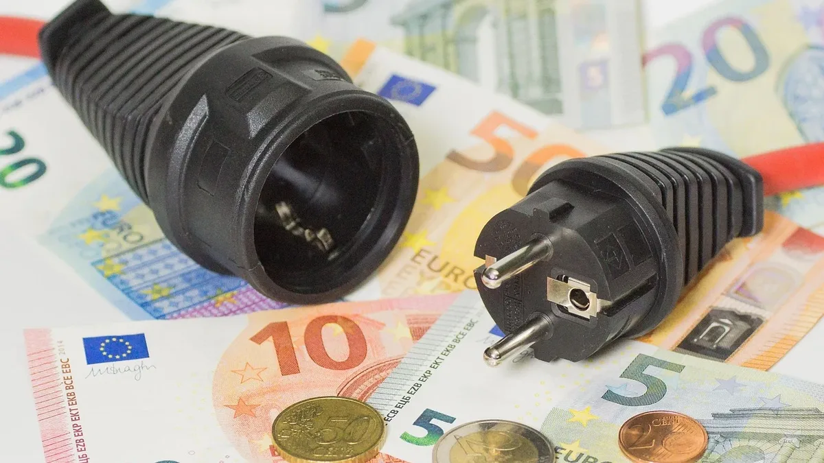 Markets Prices: Two black electrical plugs lying on a surface covered with Euro banknotes and coins.