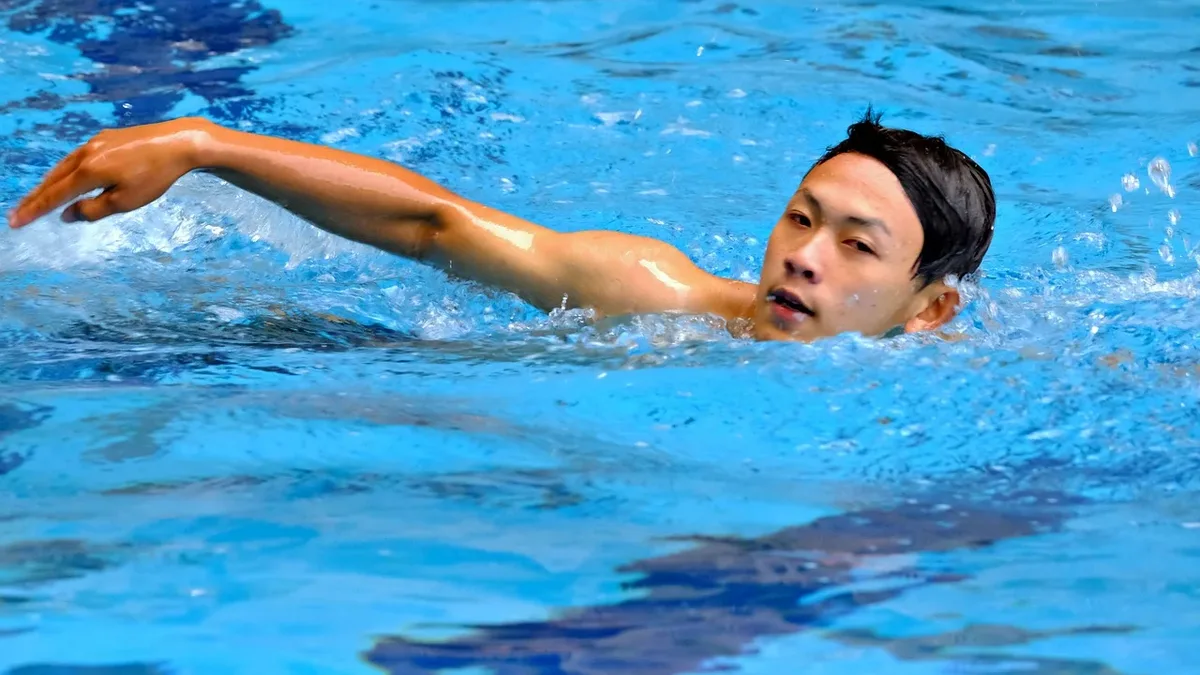 Competition: Swimming, athlete, pool, young man, freestyle stroke, sport.