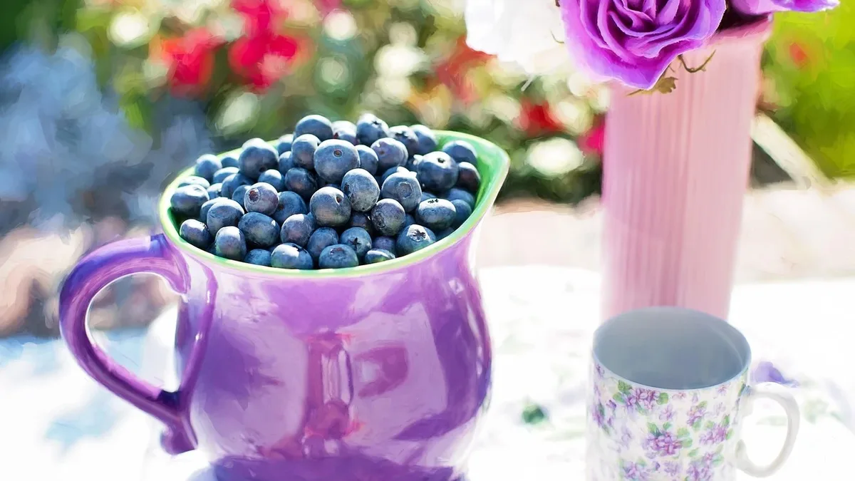 Ingredients: Blueberries, fruits, pitcher, harvest, produce, fresh.