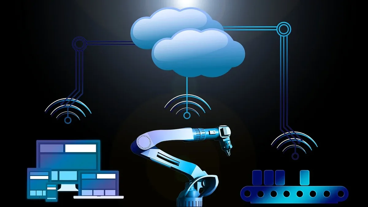Regulation: A robotic arm, a cloud, a server, and a conveyor belt.