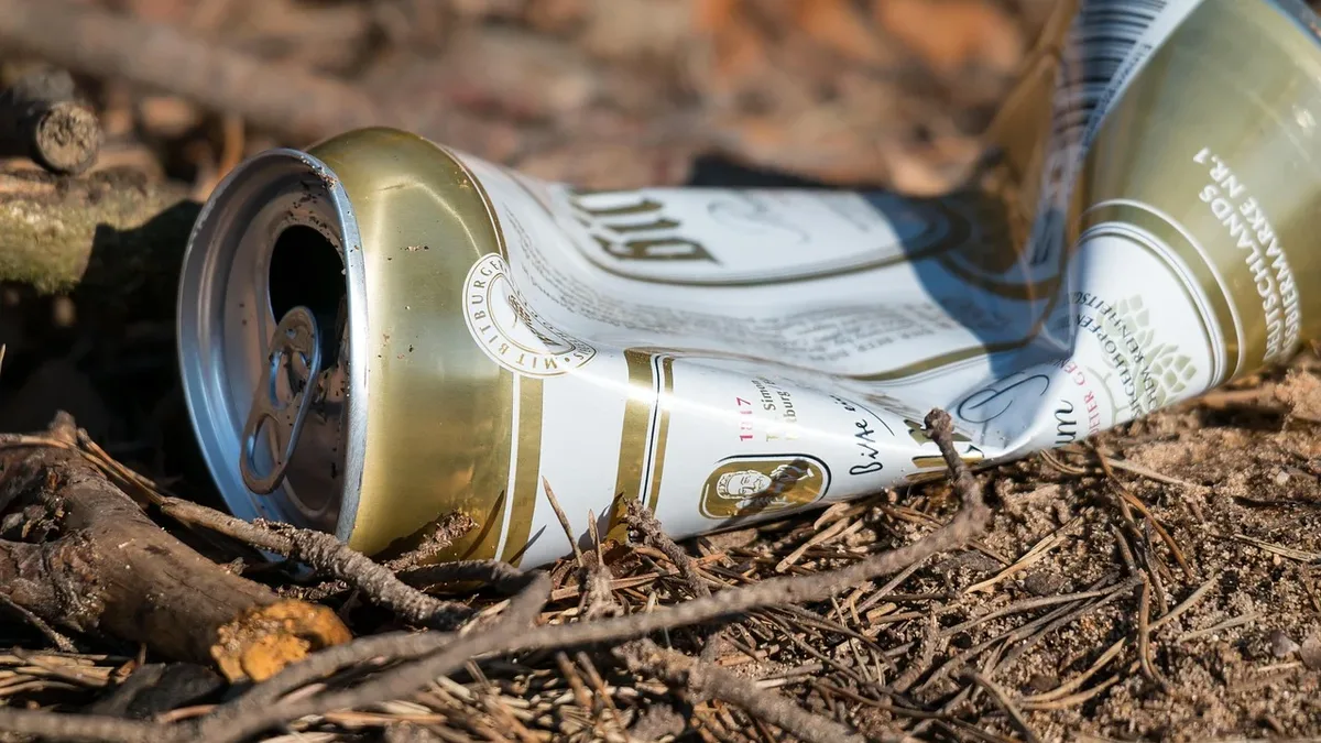 Air: A crushed can of beer lying on the ground, surrounded by twigs and dirt.