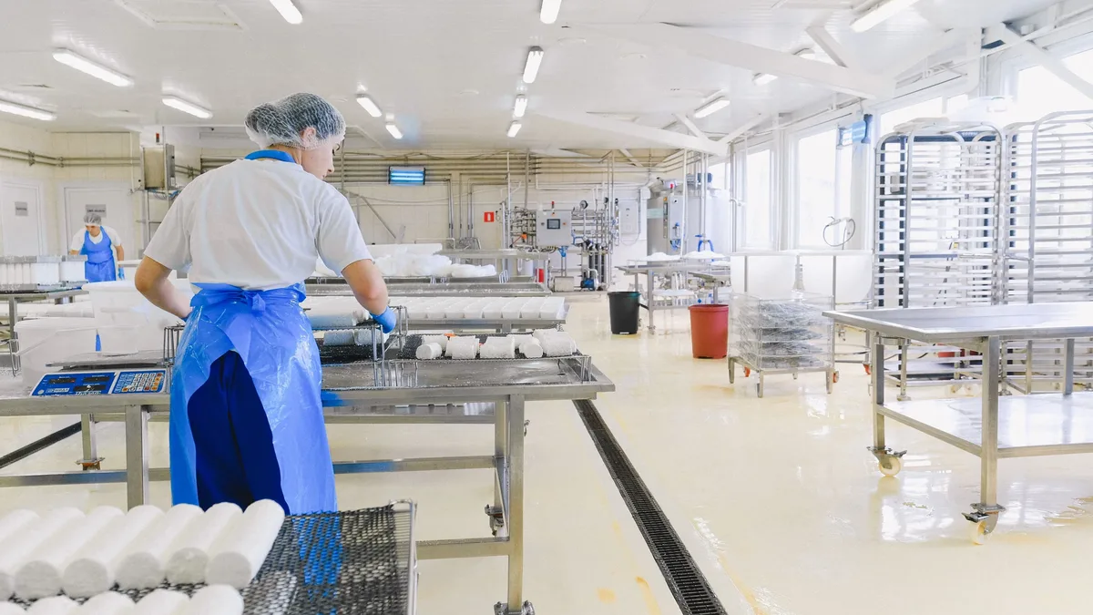 A woman in a white shirt and blue apron is standing in a factory setting, with a conveyor belt and various machinery