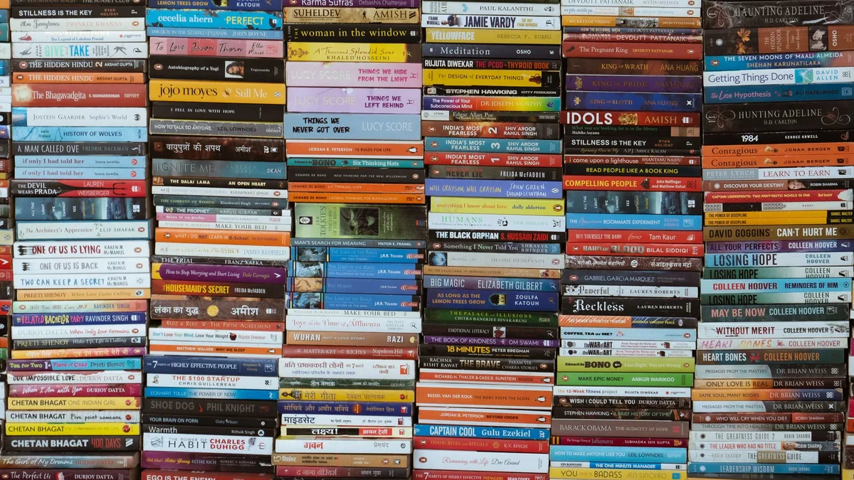 Reading Life: Vibrant collection of books stacked in a Delhi market, showcasing diverse titles and authors.