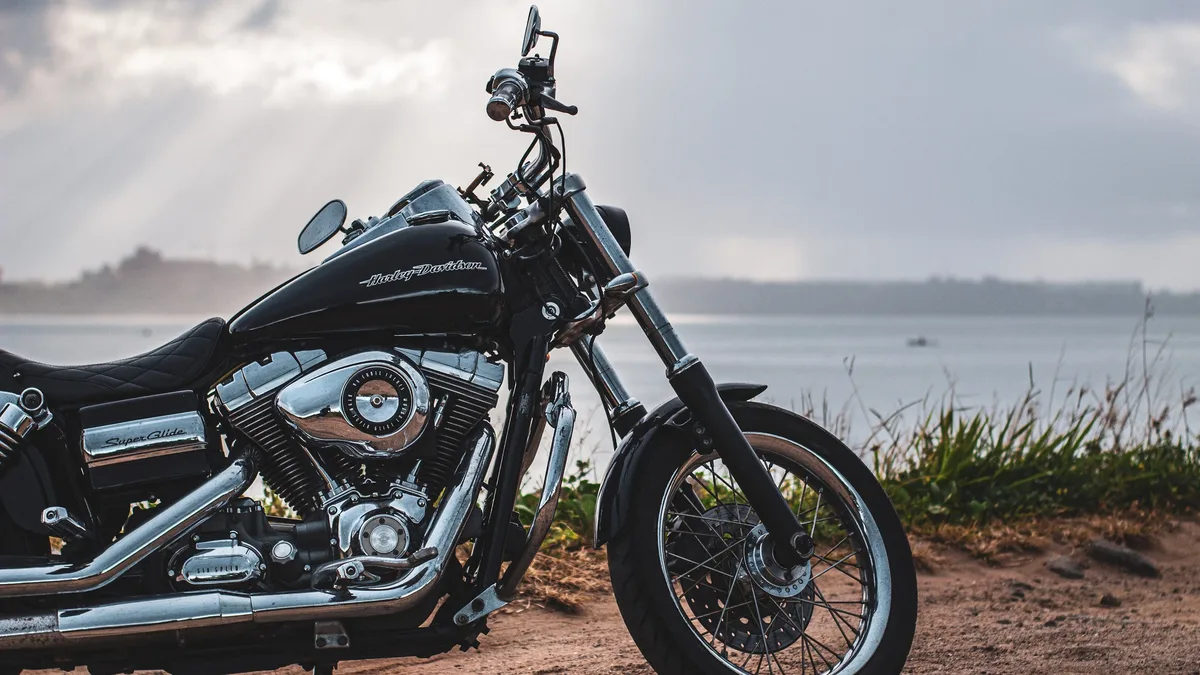 Bikes: A classic black Harley Davidson motorcycle parked on a rural lakeshore road during sunset. Motorcycles Automotive