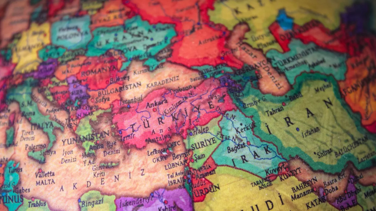 A map of the Middle East, featuring countries such as Turkey, Iran, Iraq, and Saudi Arabia, with their borders and names