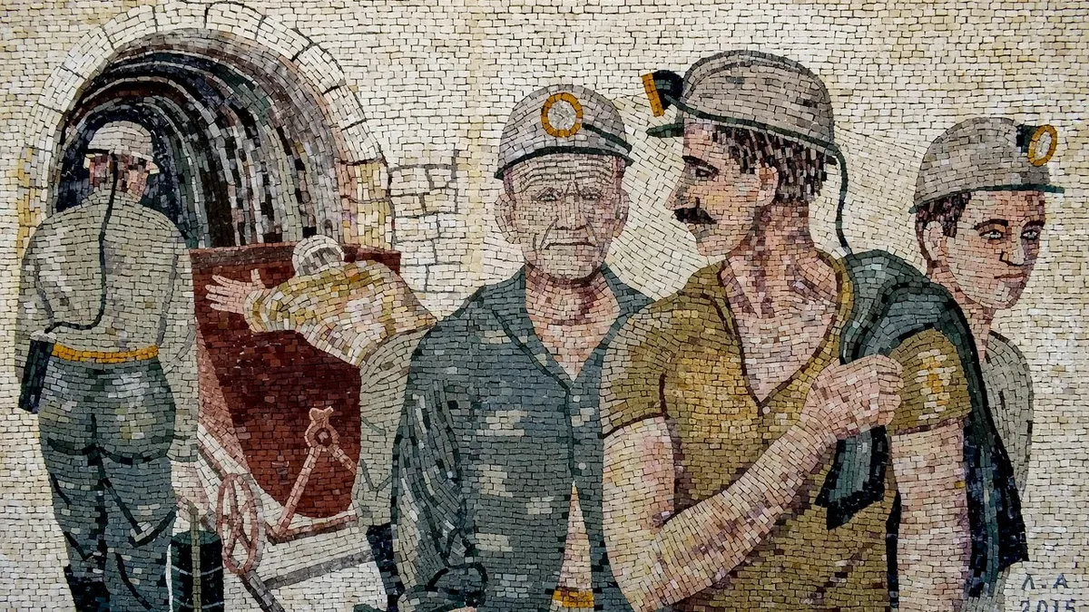 Incidents: A mosaic depicting four men in hard hats standing in front of a mine cart and a tunnel entrance.